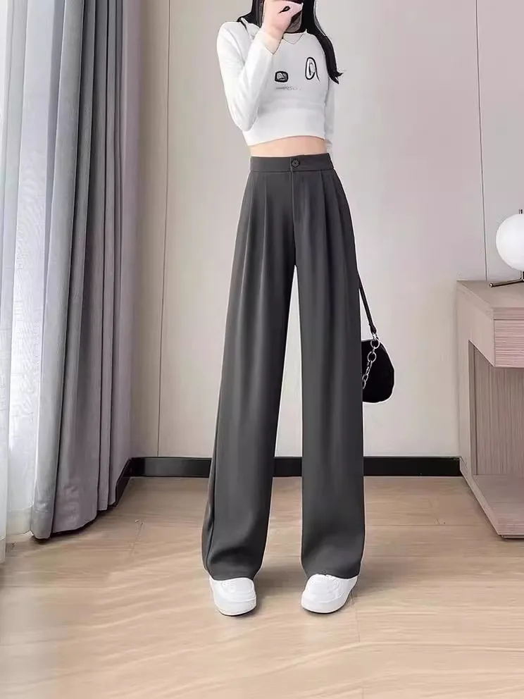 Gray Narrow Wide-leg Pants Women's Spring And Autumn High-waisted High-end Drape Straight Floor Pants Casual Suit Pants