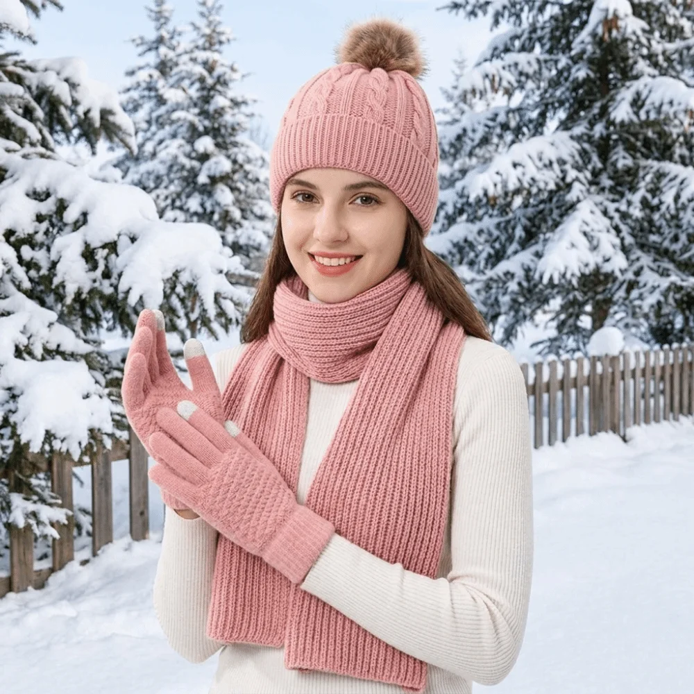 3Pcs/Set Versatile Cold Proof Scarf Hat Gloves Set Touch Screen Elastic Pullover Cap Thickened Plush Ball Woolen Hat Cycling