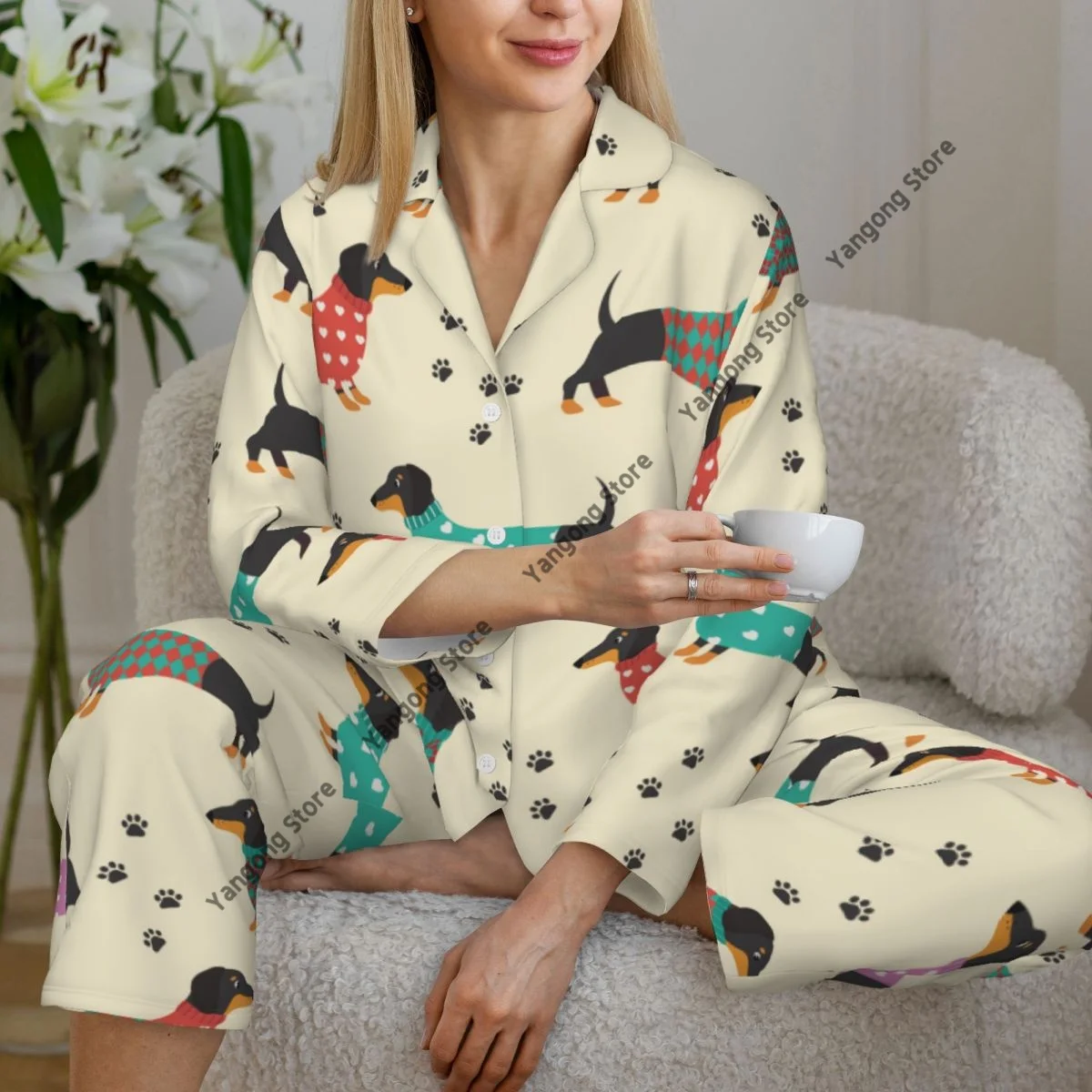 Women Sleepwear Loungewear Dachshunds In Clothes And Dog Prints Long Sleeve Lapel Neck Shirt and Elastic Waist Pants Pajamas Set