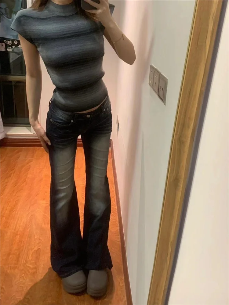 

Extended Length Bootcut Jeans Deep Blue Low Waist Slimming American Retro High Street Washed Women's Fashion Autumn Zipper