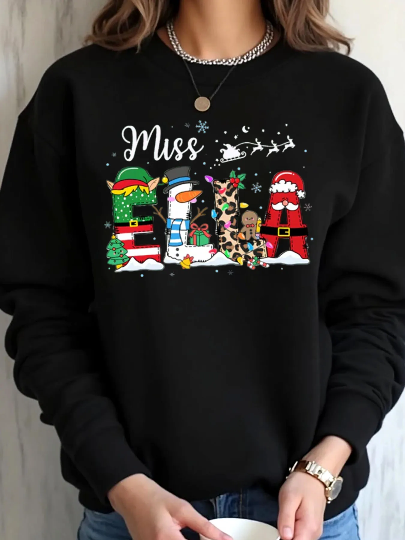 Women Oversized Sweatshirt Christmas Miss Ella Printed Design Outdoor Wear