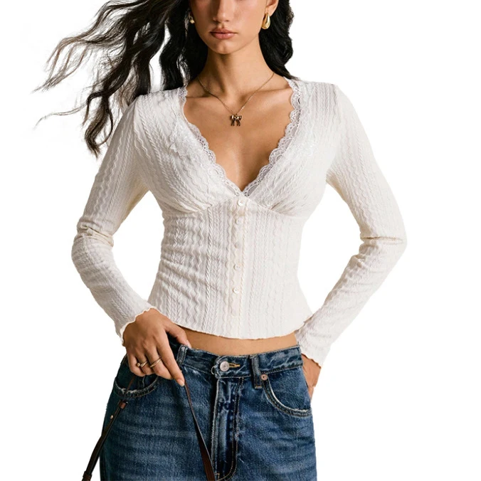 Cropped Knit For Top for Women with for v Neck Lace Detail Solid Color Waist Shaping Fit Regular Length and Medium Stretch