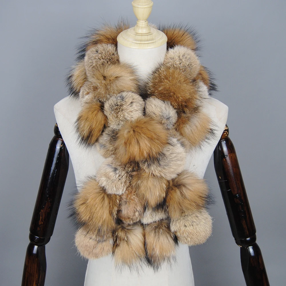 Marca de luxo Mulheres Inverno Natural Real Raccoon Fur Scarf Moda Senhora Quente Genuine Fox Fur Lenço Real Fox Fur Anel Lenços