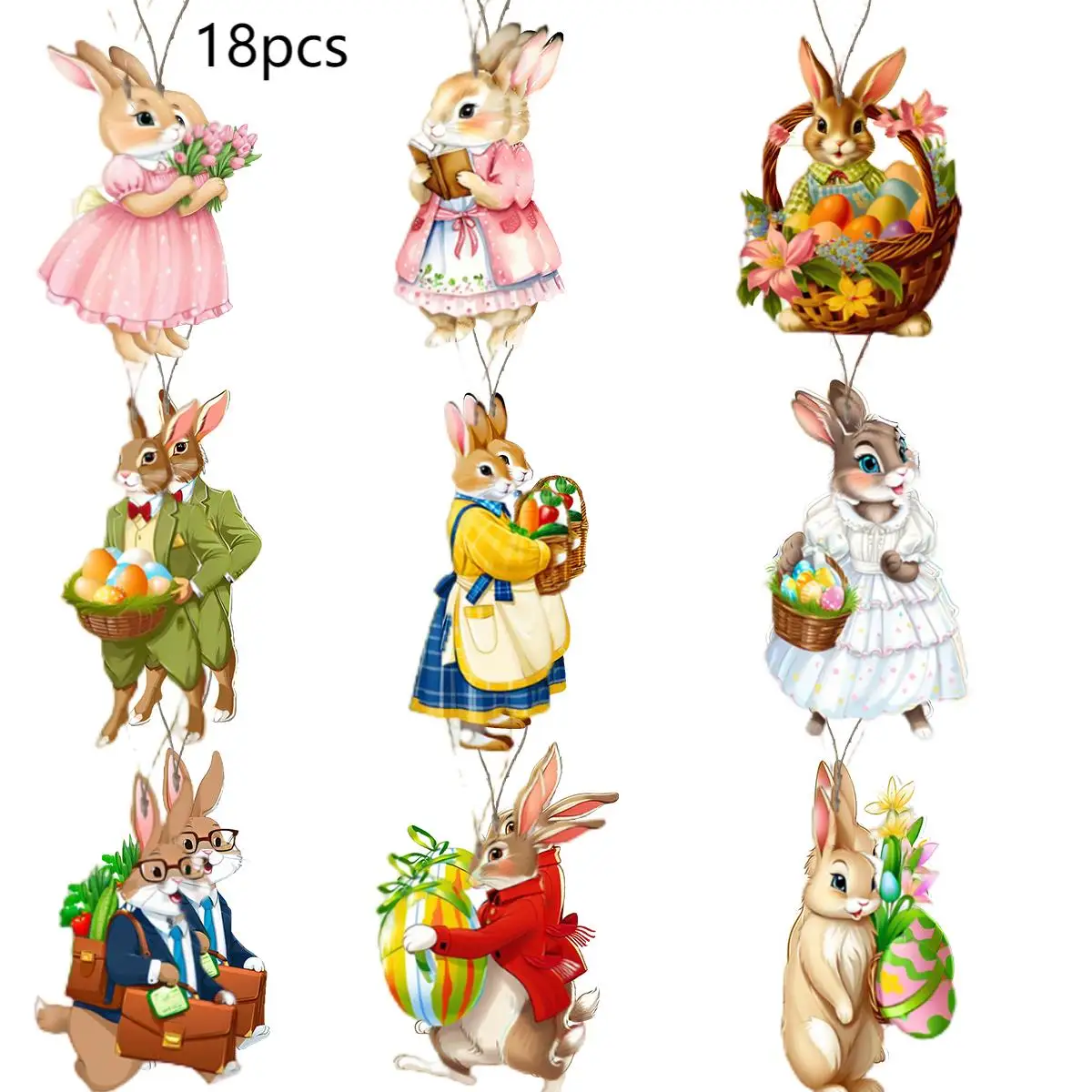 18pcs/set Easter 2D wooden rabbit pendant, suitable for party home, courtyard garden decoration pendant, holiday decoration pend