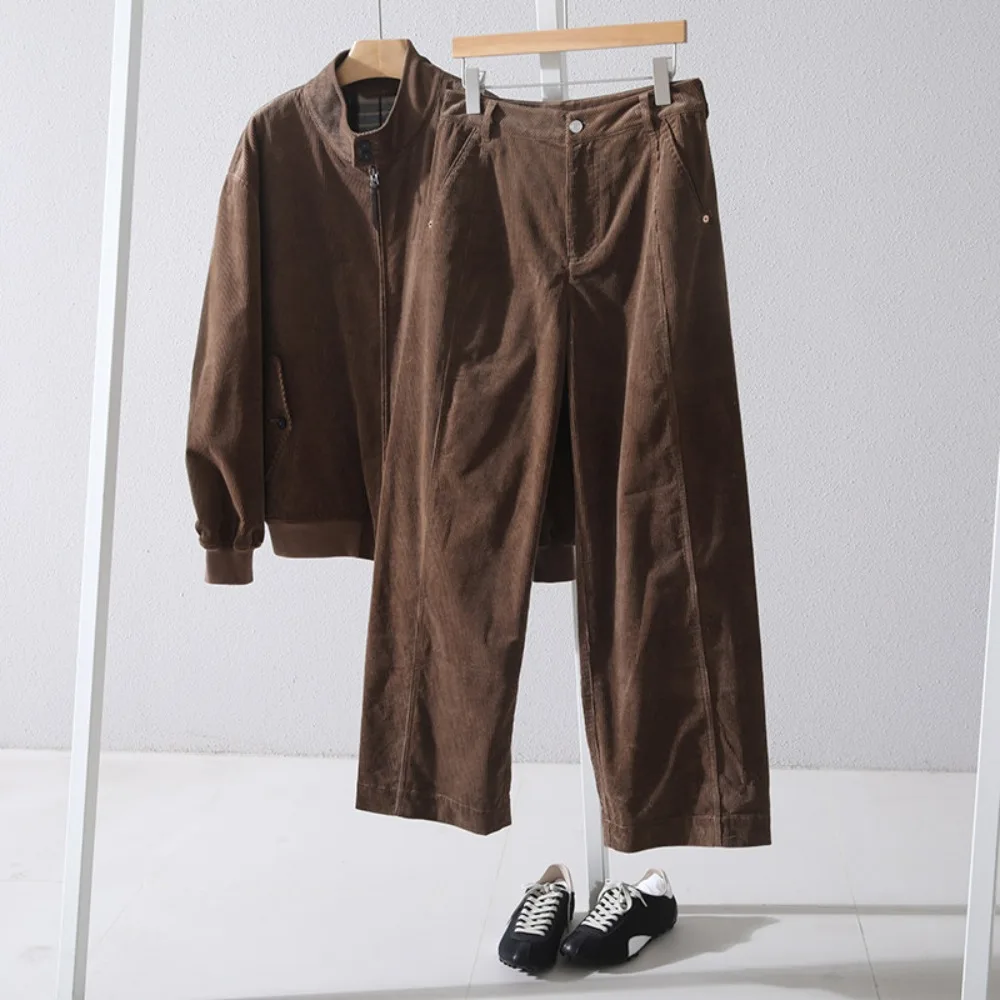 

Thick Natural Cotton Corduroy Loose Jacket Coat Wide-leg Pants Coffee High-waisted Casual Set for Women