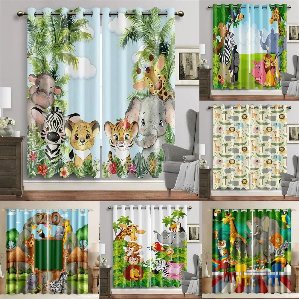 2 pcs Cartoon Animals Safari Jungle Forest Window Curtains For Living Room Kids Bedroom Kicthen Study Kindergarten Home Decor