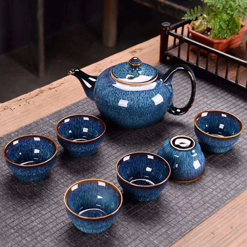 Household Ceramic Kiln Transformation Wire Drawing Process Lifting Beam Teapot Tea Cup 7pcs Tea Set Gift