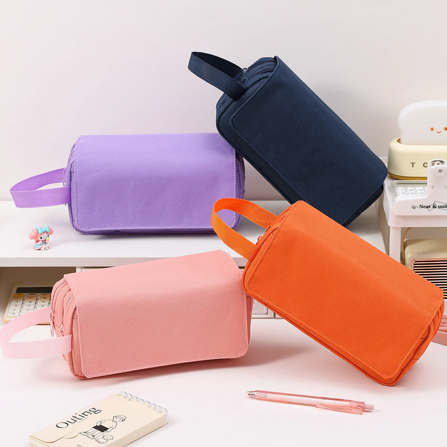 Simple Solid Color Canvas Pencil Case 3-Layer Flip-Top Large Capacity Stationery Bag Handle for Primary Secondary School Student