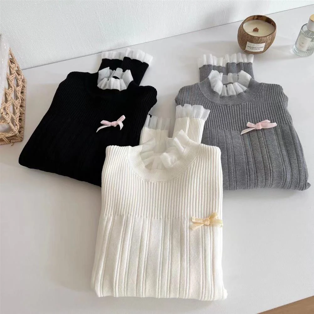 เสื้อสเวตเตอร์ถักแบบสวมหัวผูกโบว์แนวย้อนยุคสำหรับผู้หญิงเสื้อผ้าแฟชั่นสตรีทรงสลิมฟิต cewek seksi หวานสำหรับฤดูใบไม้ร่วง/ฤดูหนาว