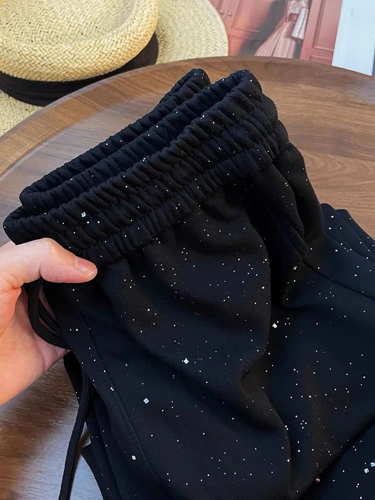 أنيقة واسعة الساق السراويل النساء عالية الخصر السراويل الكورية غير رسمية الربيع فضفاضة الإناث الدانتيل يصل موضة Sweatpants السوداء