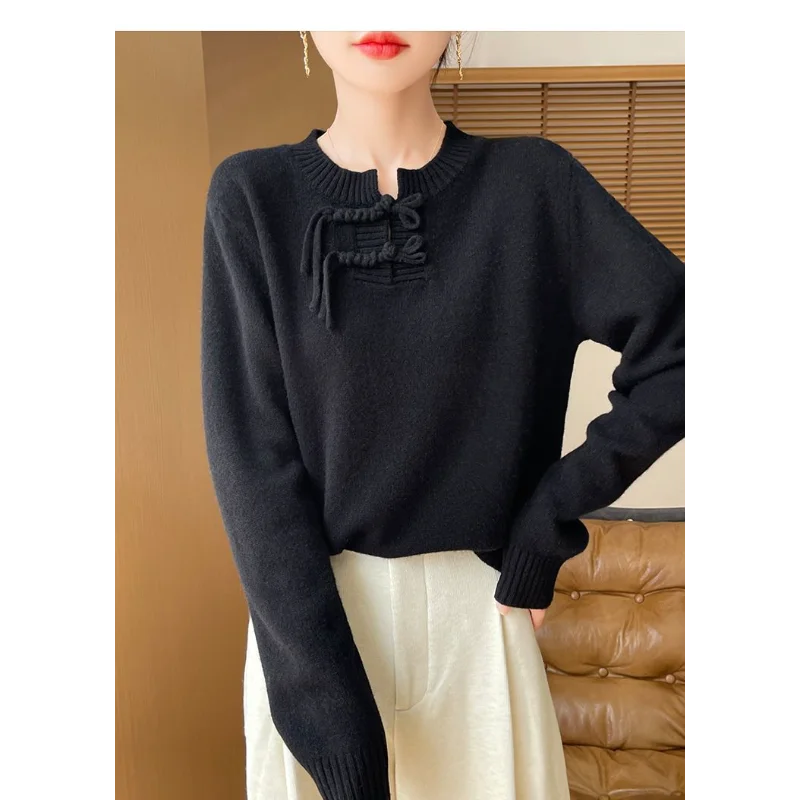 New Autumn Winter Encore Red Fashionable Buckle Sweater Mother Dress Chinese Knitted Base Shirt for Women