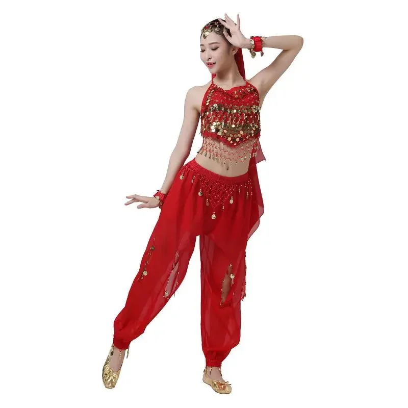 

Женские шаровары для танца живота, шифоновые блестящие брюки с блестками, топ, комплект, шаровары с блестками и кисточками, брюки, висячие костюмы-бандана с монетами