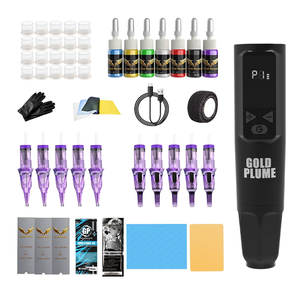 

GOLDPLUME Wireless Black Round Body Tattoo Machine Kit with 10 Cartridges 7-Color Ink Full Accessories for Beginners Pros