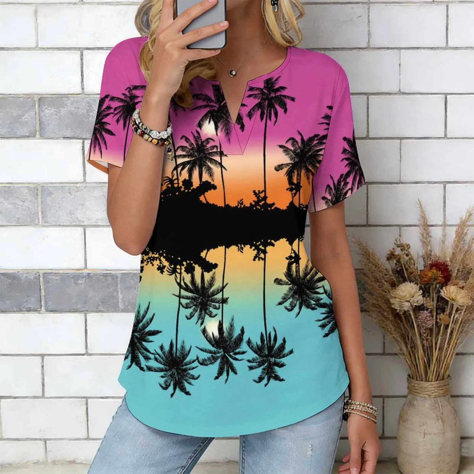 Women Print Notched V Neck Short Sleeve Casual Loose Tunic Tops