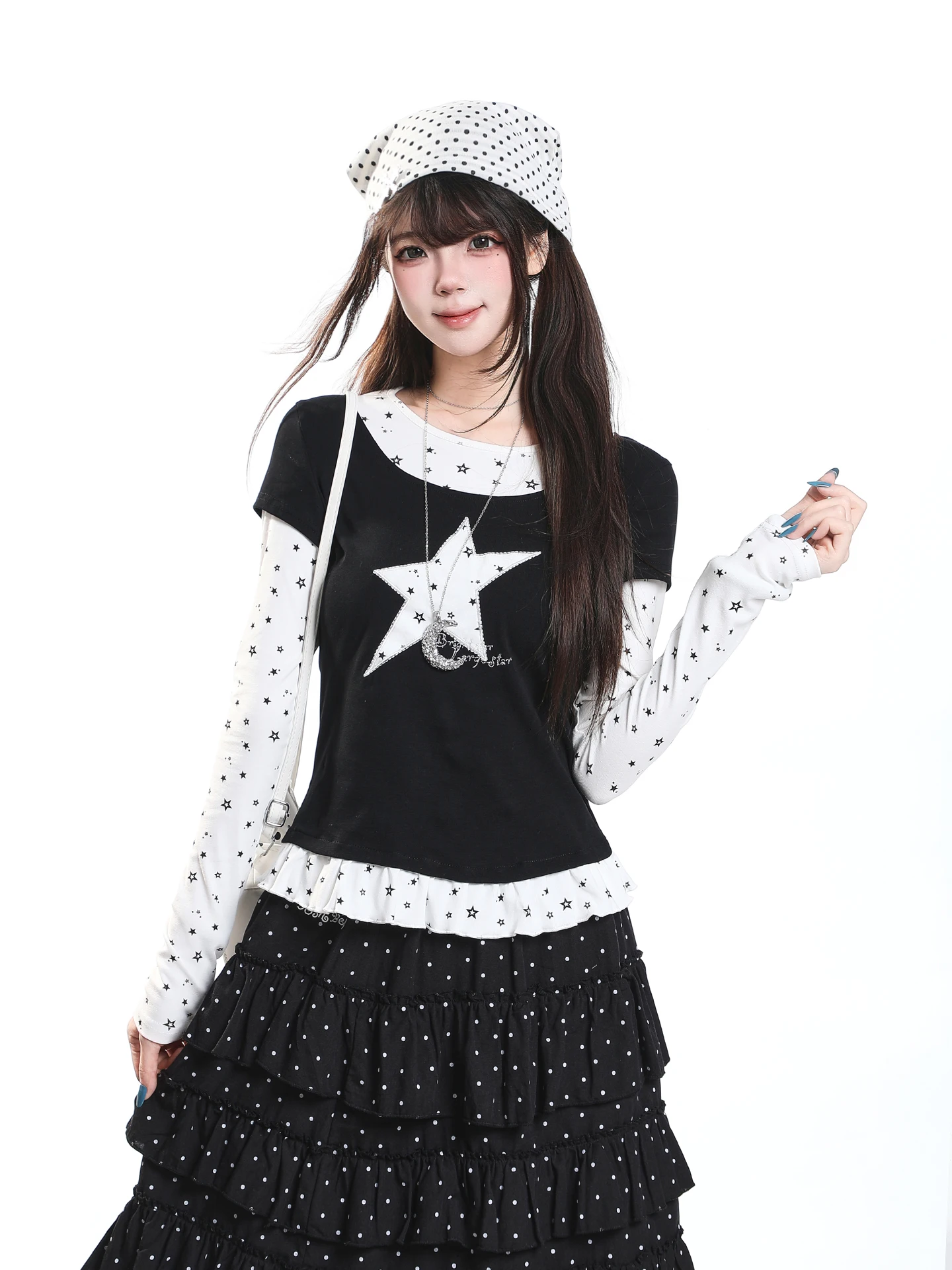 Sweet Spicy Girl Y2K Star Print Long Sleeve T-Shirt Women Summer Beautiful Short Top Casual Loose Fit Creative Print Design