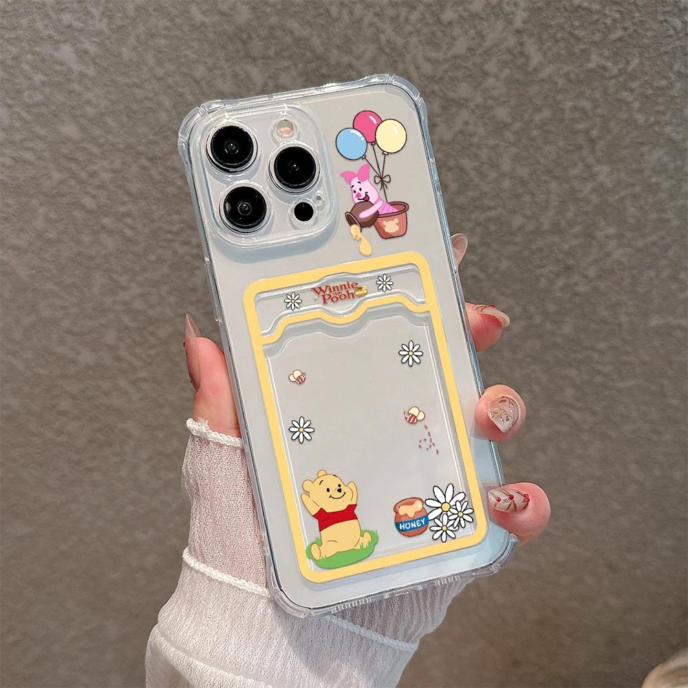 Disneies Winnie the Pooh Card Hold Case for IPhone 15 14 13 12 11 Mini Pro Max X XR XSMax 6S 6 7 8 Plus SE Anti-fall Clear Cover