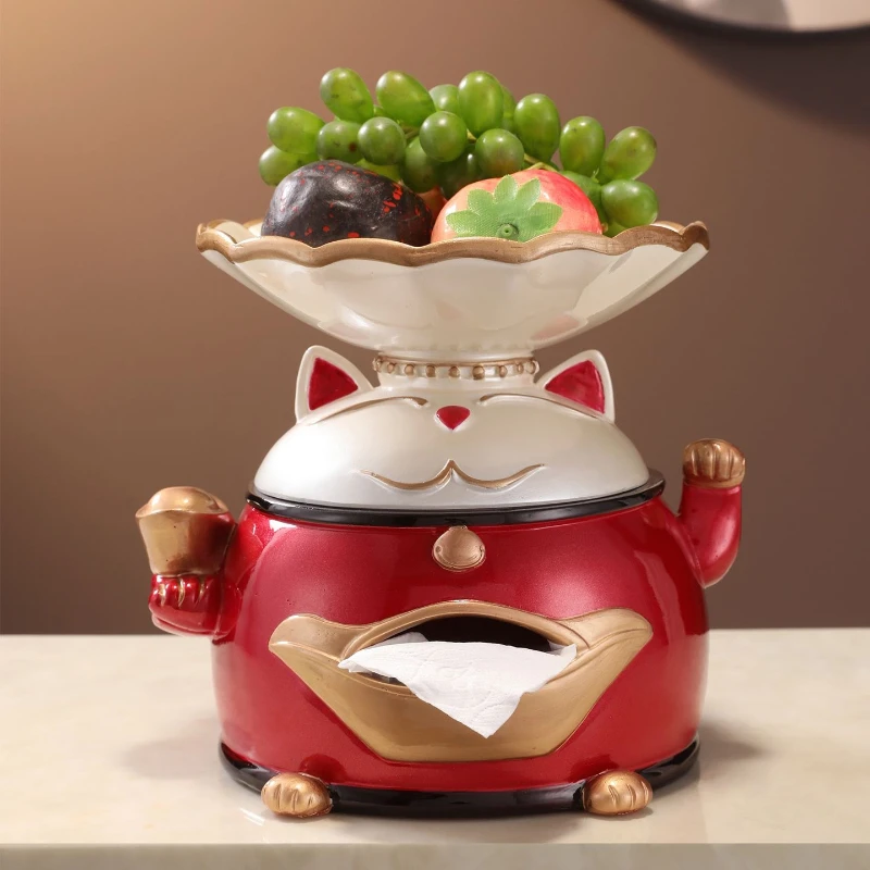 European Multifunctional Resin Storage Tissue Box Living Room Coffee Table 2-in-1 Lucky Cat Fruit Tray Paper Drawer Decoration