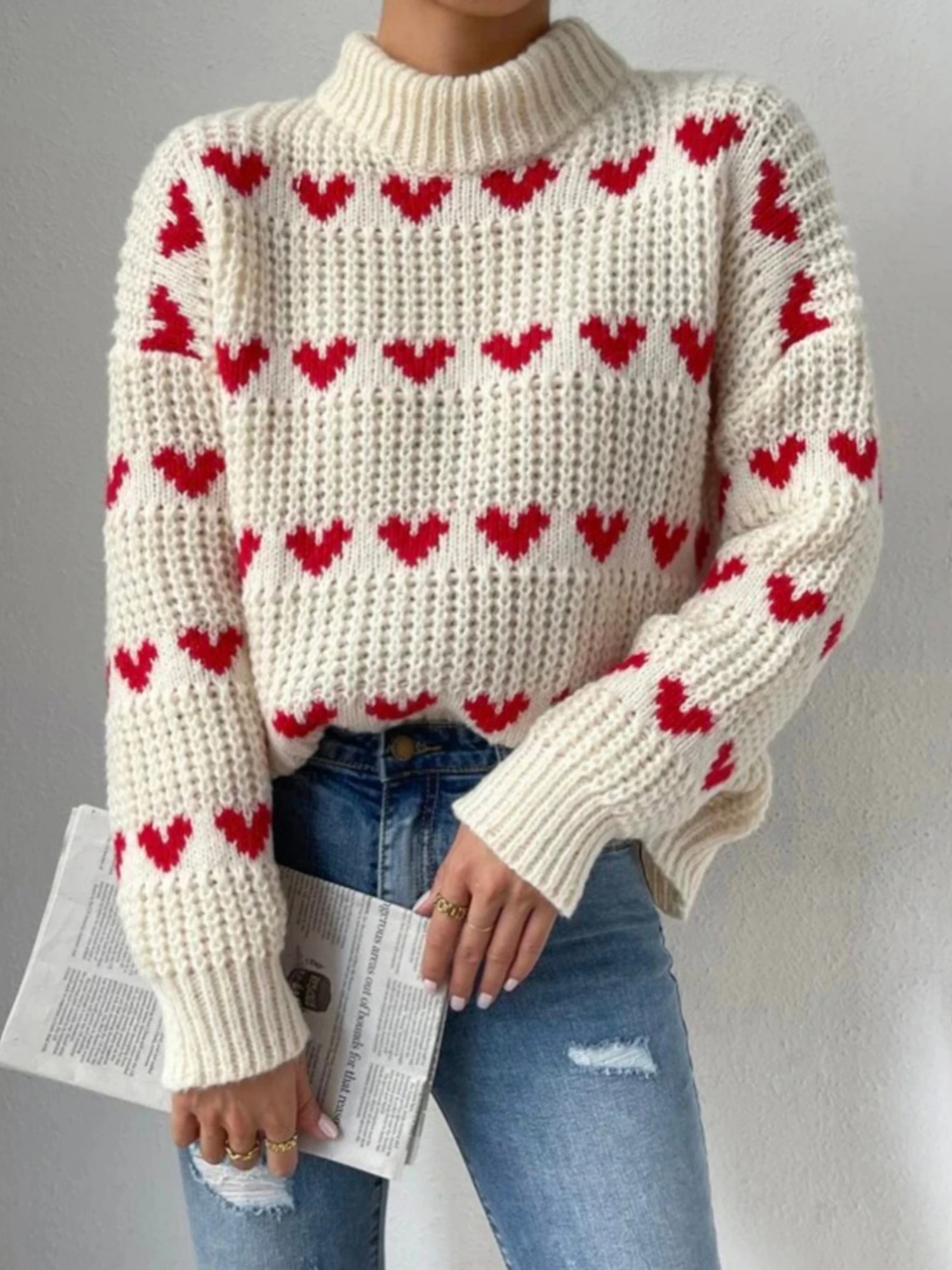 wsevypo Women\'s Baggy Knit Sweaters Casual Love Heart Jacquard Long Sleeve Mock Neck Pullovers Jumpers Fall Winter Knitwear