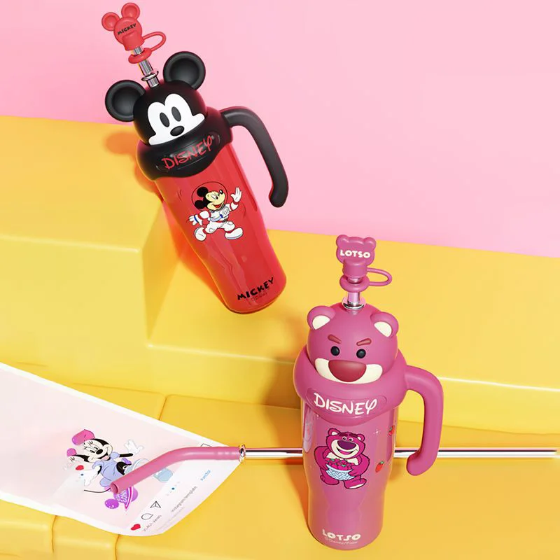 800ML Kawaii Anime Mickey Mouse Strawberry Bear Thermos Cup Cute Cartoon Large Capacity Stainless Steel Cooler Cup Toys Gifts