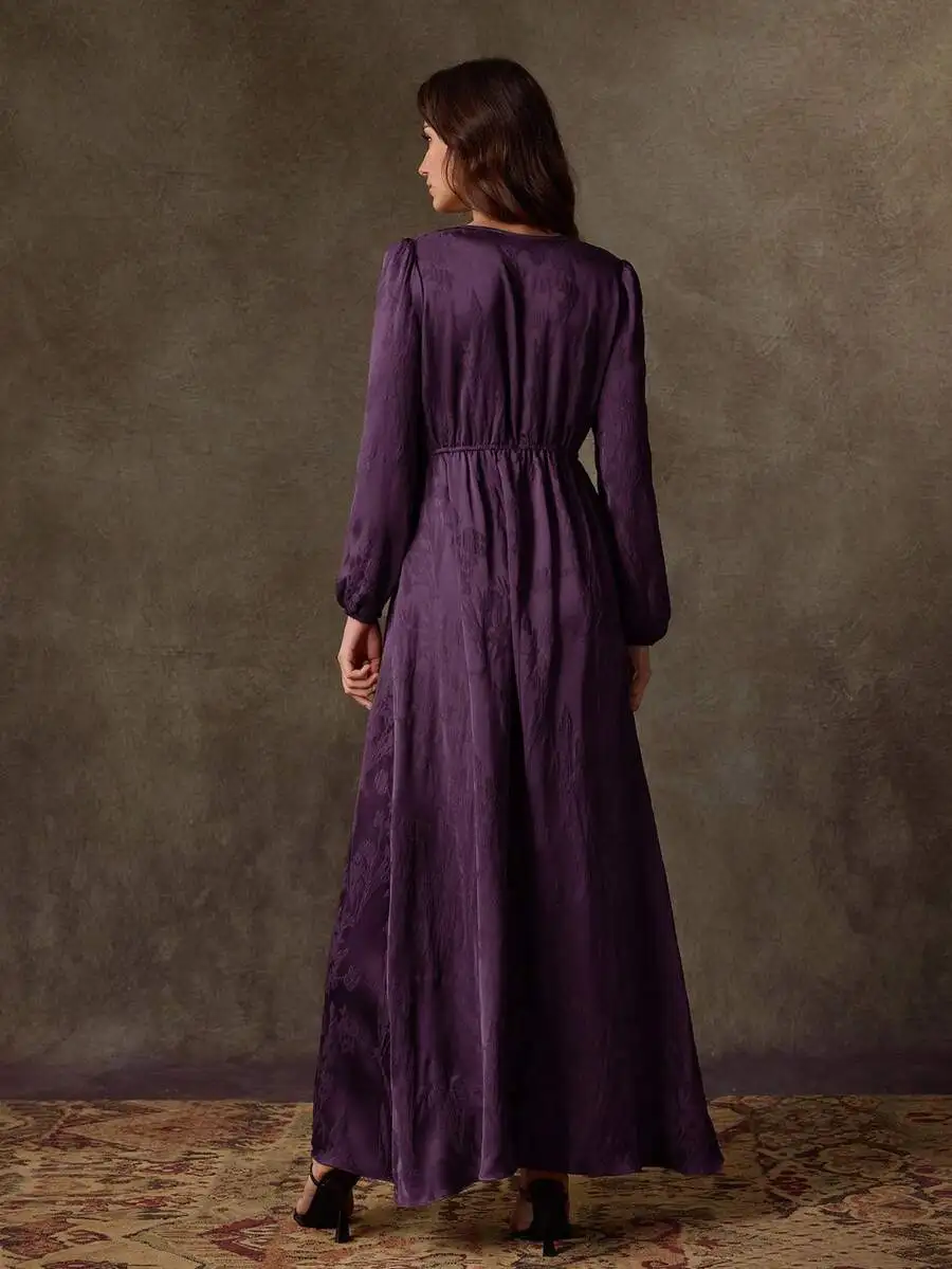 

Dark Purple Satin Jacquard Long Sleeve Maxi Dress For Formal Wedding Party Evening