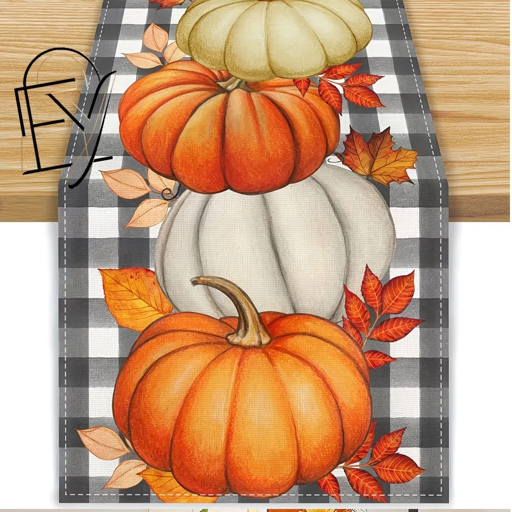 Linen Table Runner Thanksgiving Scarecrow Crow Pumpkin Off White Autumn Harvest Table Decor  Family Dinner