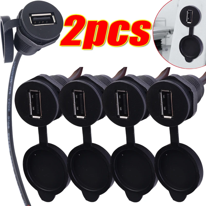 USB Female Port Convenient Mounting Threaded USB Power Jack 2Pin 4Pin Charging Connector with Cable USB Charger Socket 1-2PCS