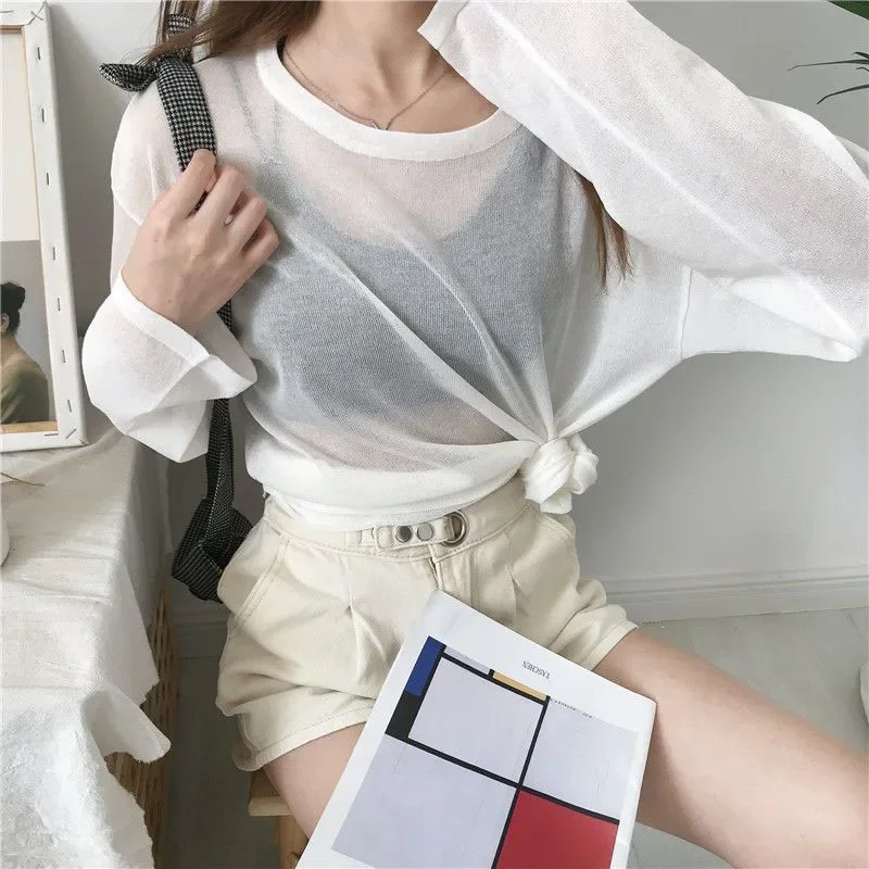 Summer See Through Sunscreen T-Shirt Women Casual Loose Long Sleeve Sheer White Tops Streetwear Lazy Style Ice Silk T Shirts