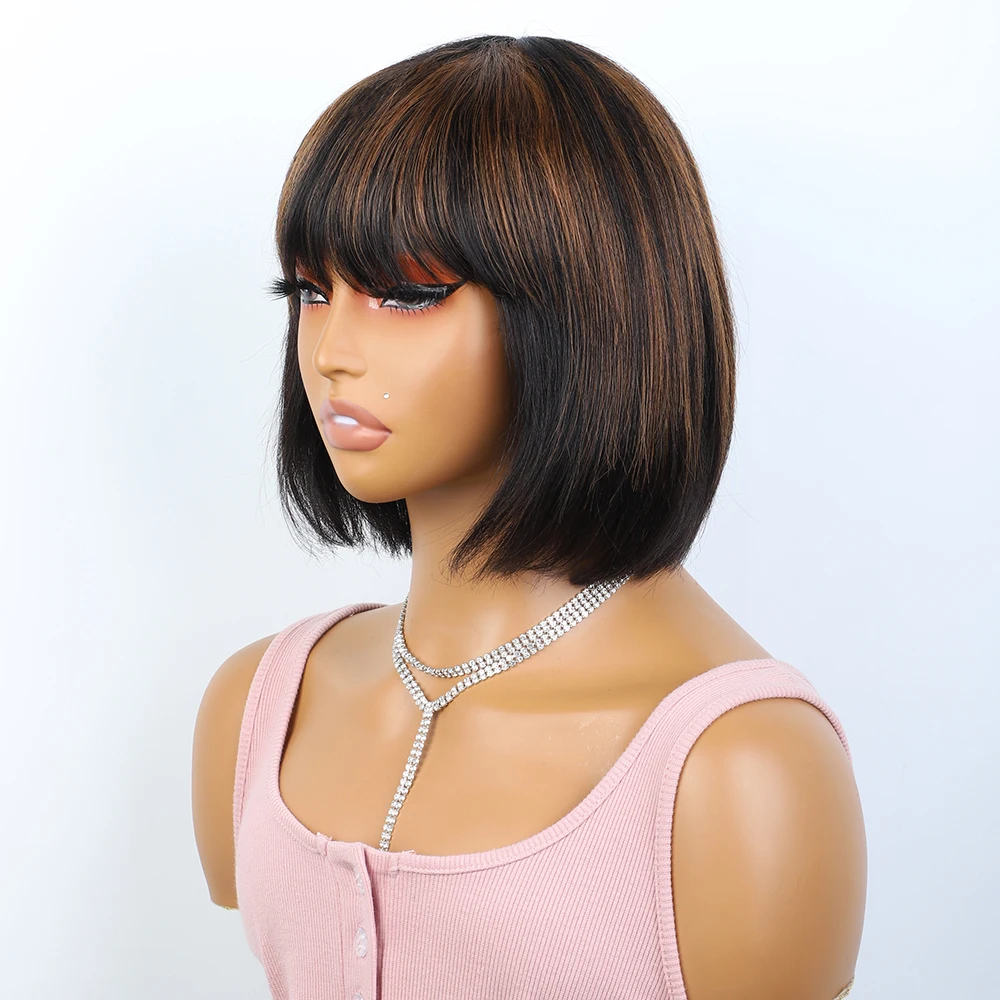 Ready Wear Ombre Brown Short Straight Bob Human Hair Wigs With Bangs For Brazilian Remy Hair Colored 1B/30 Wigs Machine Made Wig