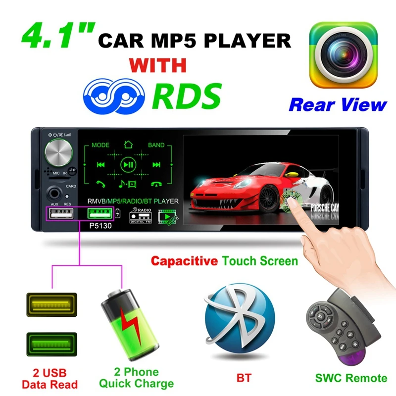 

P5130 Car Radio MP5 Player 1 Din Autoradio 4.1 Inch Touchscreen Car Stereo Player Bluetooth RDS