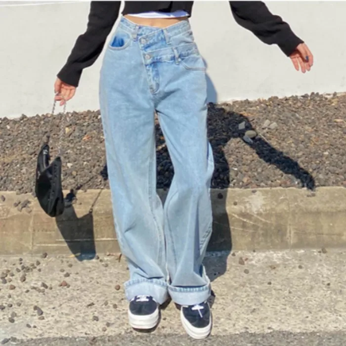Casual High Waist Straight Leg Loose Fit Versatile Vintage Washed Denim Jeans Asymmetrical Slant Pocket Two Buttons Ladies Jeans