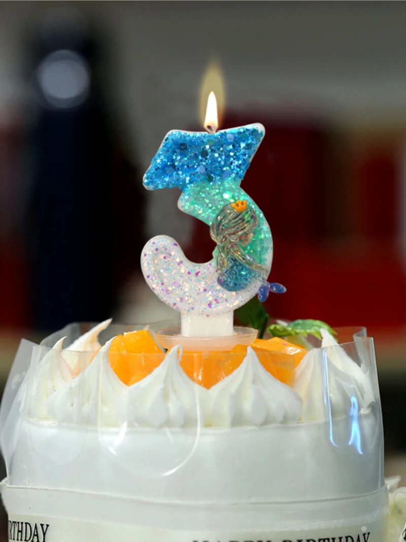 Mermaid Number Birthday Candle 0-9 Blue Ocean Sequin Crown Mermaid Cake Topper Candle for Kids Adult Beach Party Cake Decoration