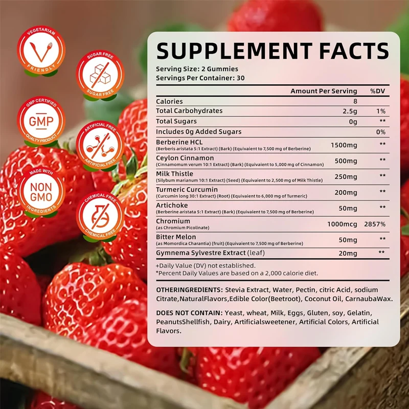 Berberine Gummies Contain Ceylon Cinnamon As An Efficient HCL Supplement for Immune Support, Sugar Free, Strawberry Flavored,