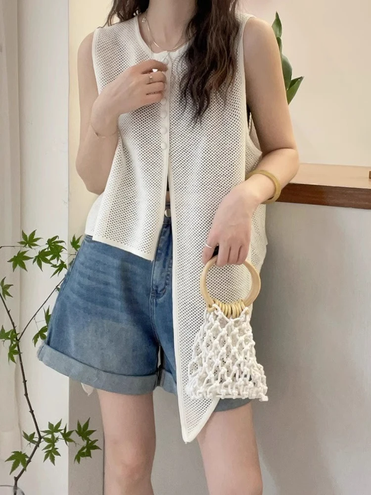 Ele Hollow out Irregular Knitted Vest Unique Design Loose Slimming Top Korean Sle Button Detail Silk Women's Summer irt