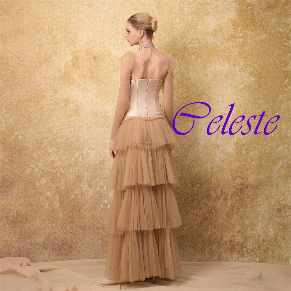 Maßgeschneidertes Abendkleid mit quadratischem Kragen und kurzen Ärmeln, elegantes, gestuftes A-Linien-Ballkleid, hochwertiges Kristall-Partykleid – Detail 4
