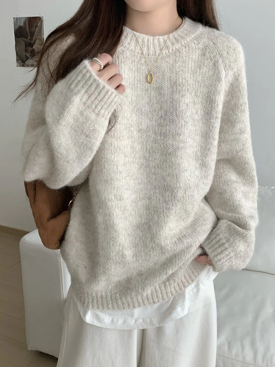 

Soft Cozy Long Sve round Ne Knitted Sweater Base Layer Loose Lazy Women's Top Fufu Thermal Underwear T-irt for Commute...