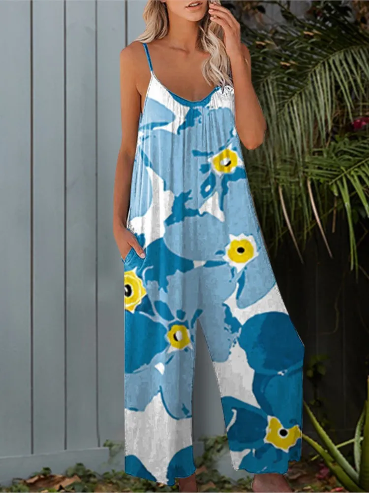 Women Sleeveless Printing Beach Boho Casual Jumpsuit Summer Vacation High Street Romper Casual Overalls Wide Leg Trousers