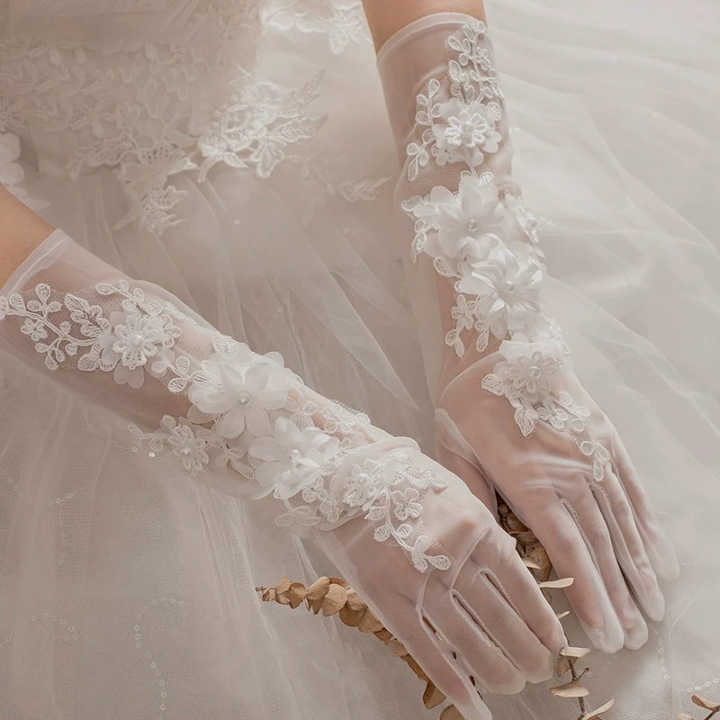 

Elegant Fairy Long Wedding Tull Gloves Lace Flower Mesh Thin Gloves Photography Props Bride Dress Accessories
