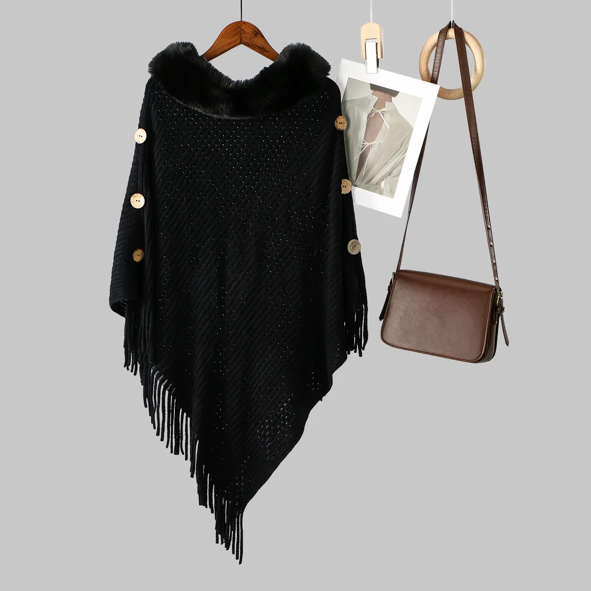 Selendang Rajut Musim Dingin Baru, Selendang Cape Fashion Wanita Hitam Putih, Ponco Tebal, Syal Mewah, Jubah Wanita, Cape Stole