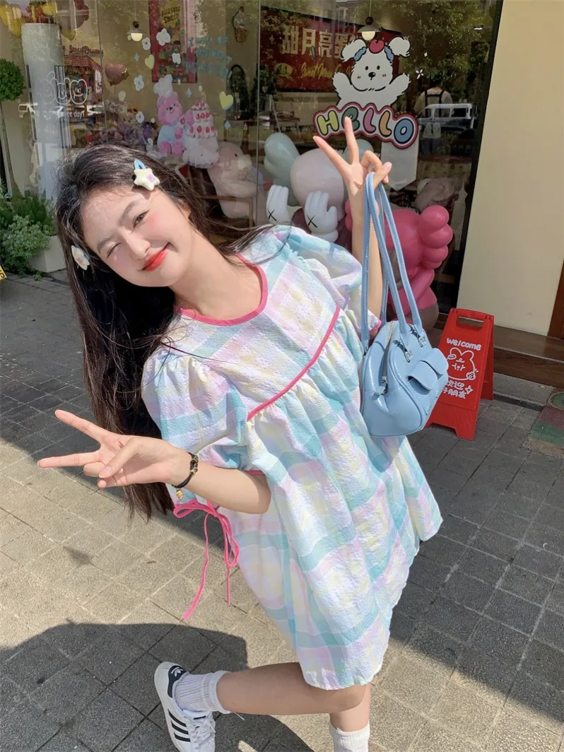 Korean Summer Maternity Sweet Colorful Plaid Dress Ribbon Puff Sleeve O-Neck Pregnant Woman Mini Dress Short Lady A-Line Dresses