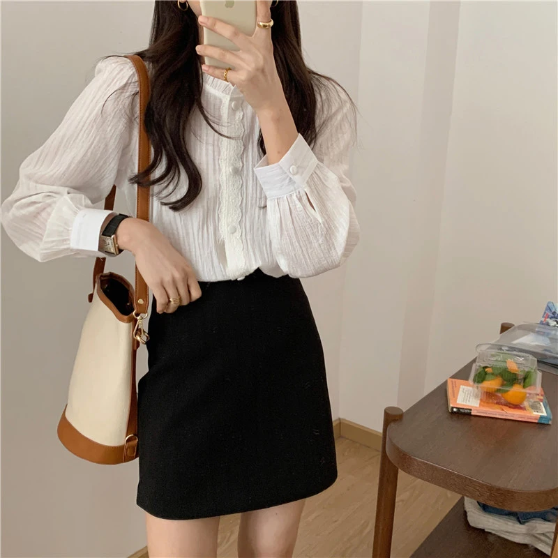 Early Autumn Long Sve Loose Inner irt Women's Korean Sle Fre Sweet Lace Splicing Pure Color irt Stand Collar Bubbl...