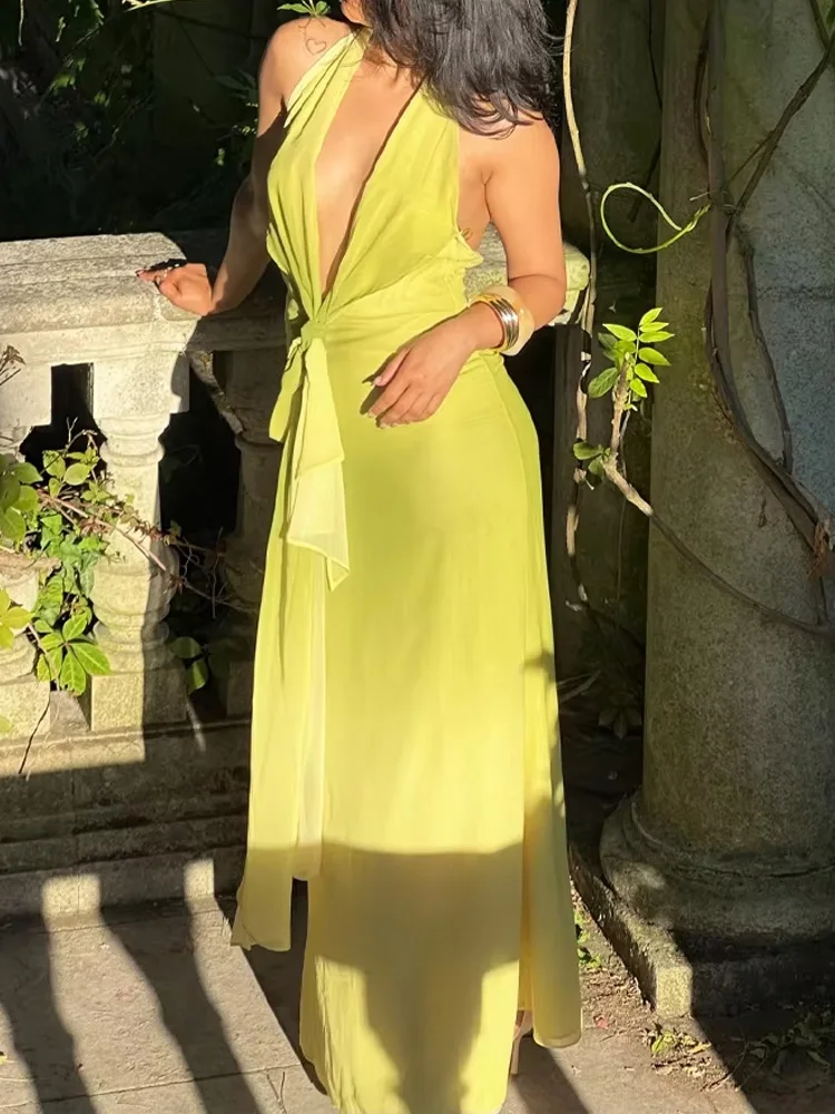 HH Women Summer Back Zipper Gradual Knot Decoration Backless Long Dress Female Sexy Hanging Neck Collar Sleeveless Dress