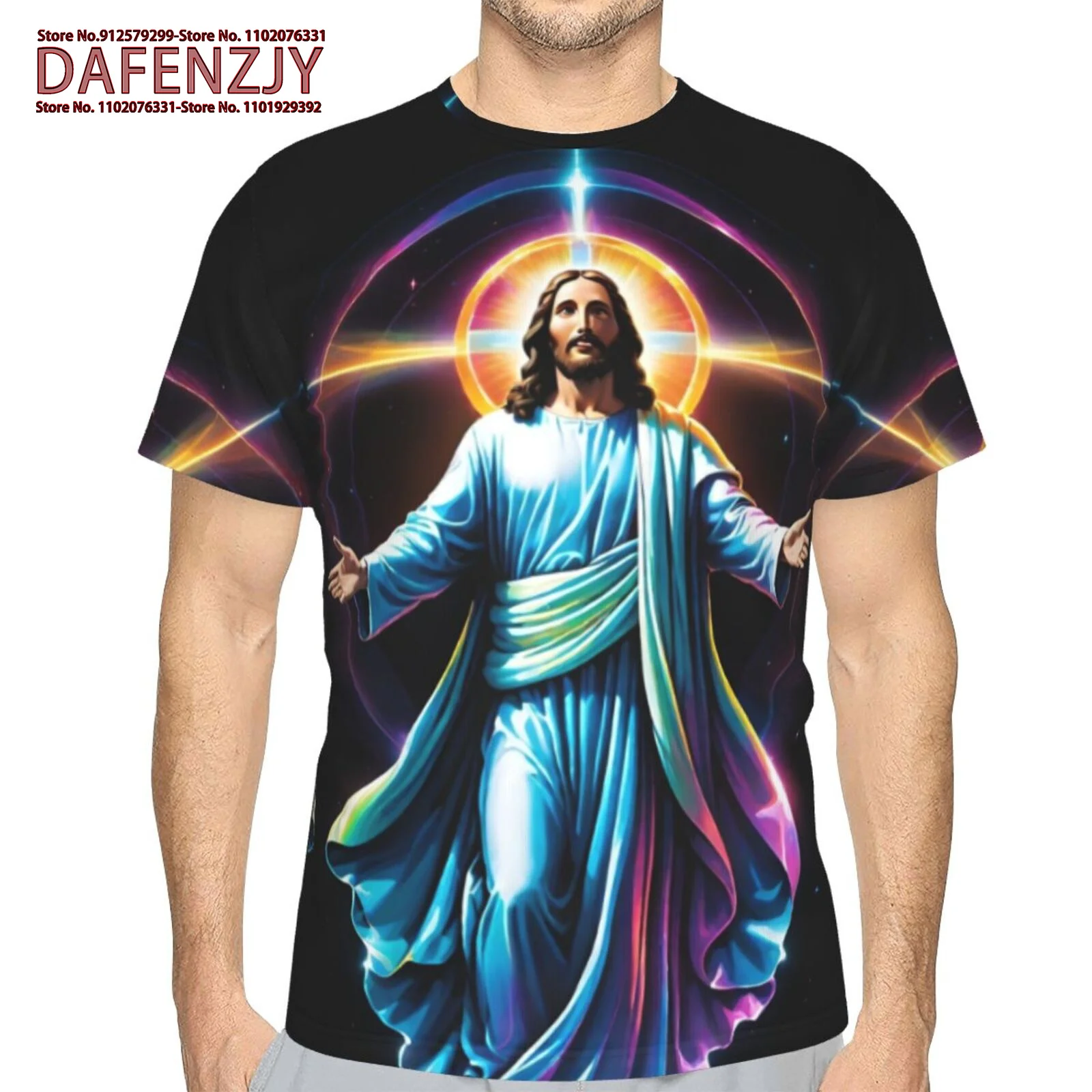 Jesus Christ Cross Print T Shirt, Tees For Men, Casual Short Sleeve T-shirt For Summer Loose Clothing Male Harajuku Retro Short-