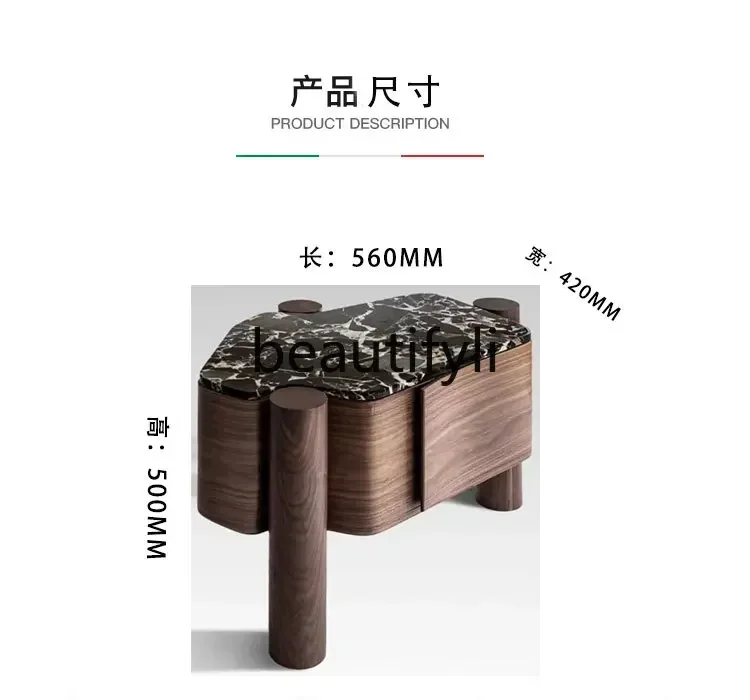 53Light luxury natural, black luxury stone edge few black walnut bedside table Italian minimalist villa bedroom bedside table807