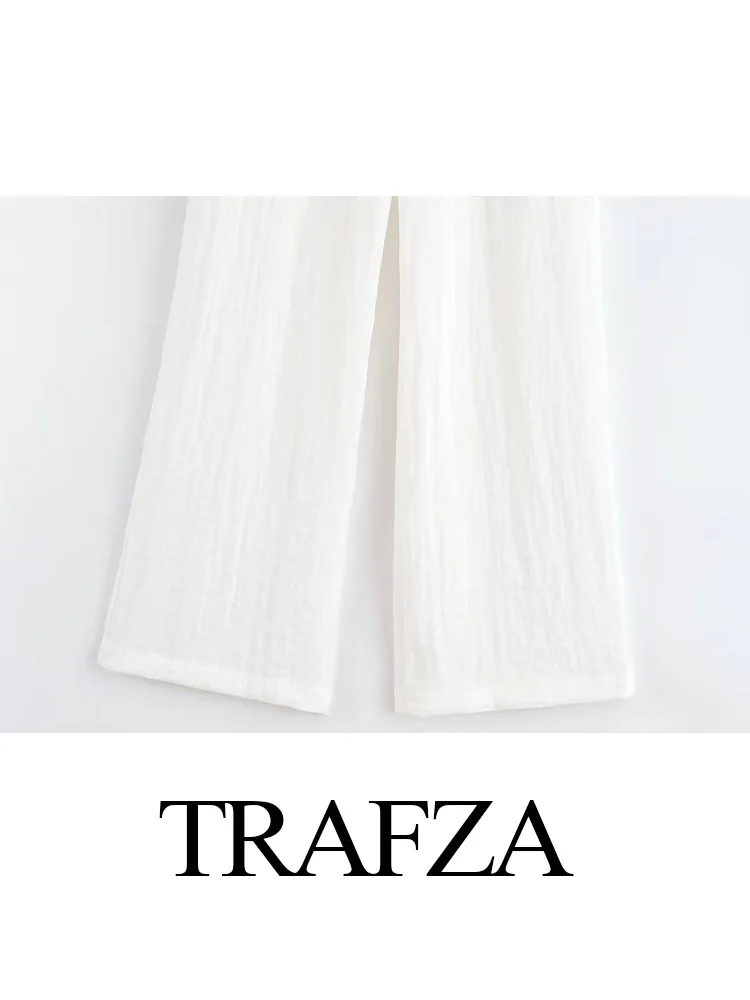 

TRAFZA Women Summer Solid 2-Piece Pant Set Pocket Short Sleeve Single-breasted Turn-down Collar Top+Elastic Waist Wide-leg Pants