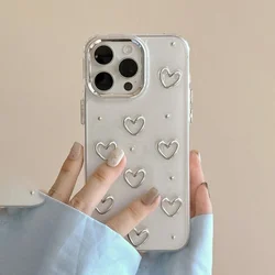 Korean Cute 3D Love Silver Beaded Epoxy Clear Phone Case For iPhone 16 15 14 13 12 11 Pro Max Plus Shockproof Protective Cover
