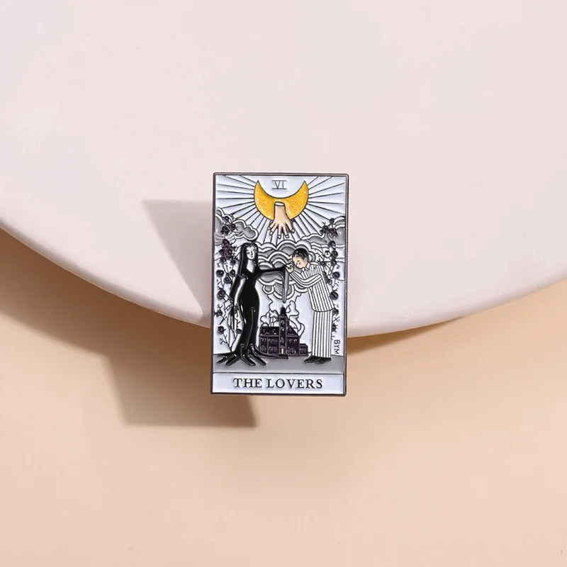 Comedy Badge Pins Brooch Creative Tarot Card THE LOVERS Anime Gomez And Morticia Addams Enamel Brooches Jewelry Gift Accessories image 3
