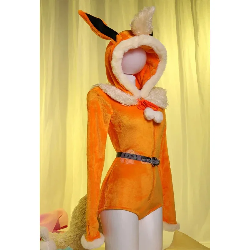 

CyWomen Anime Derivative Sexy Lingerie Bodysuit Vaporeon Cosplay Jumpsuit Plush Hooded Romper Socks With Belt Tail Cosplay Costu