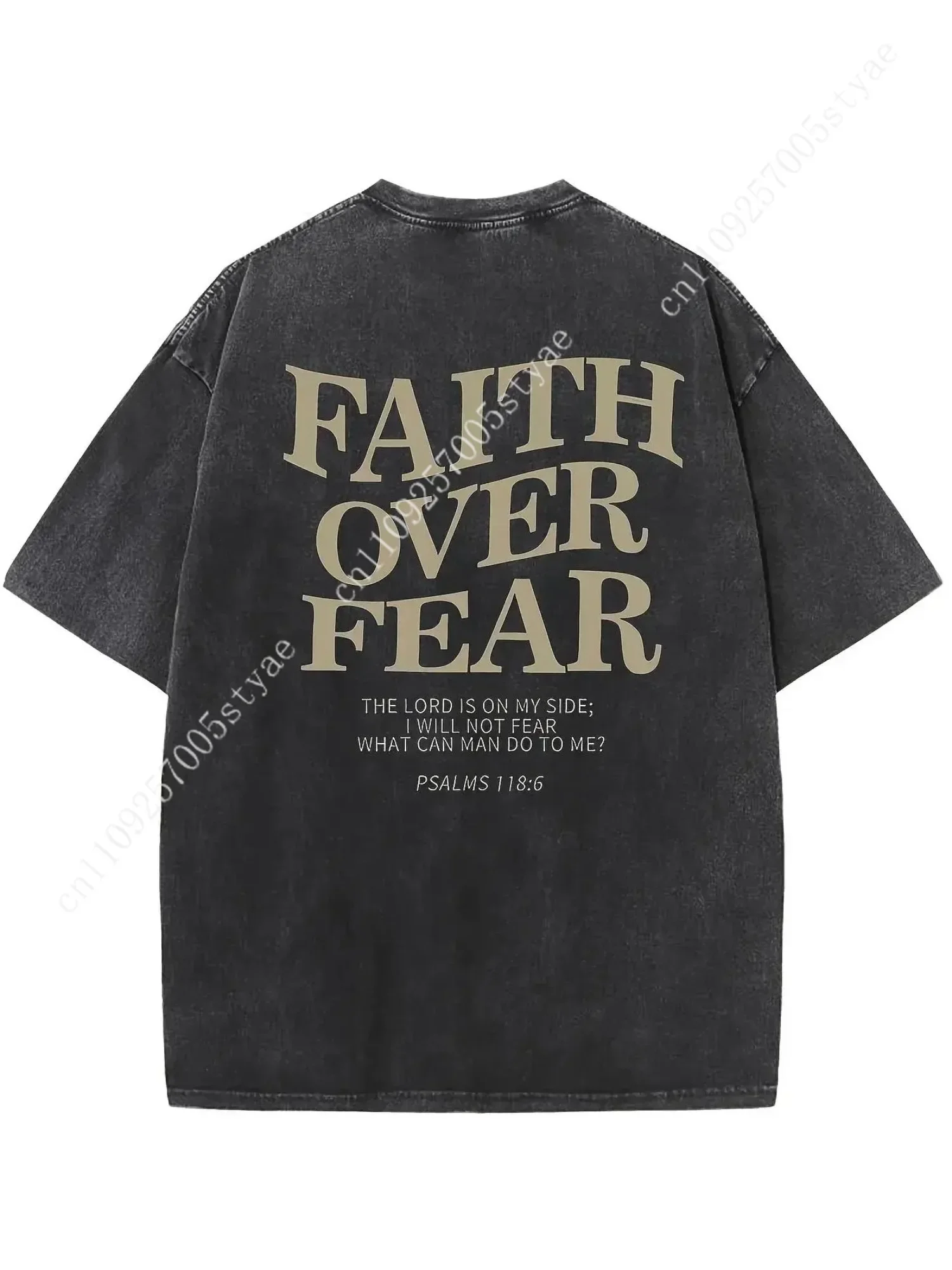 Men's Oversized Vintage Graphic T-Shirt - Washed Cotton, Bible Psalms 118:6, Casual Loose Fit, Short-Sleeve, Round Neck, Summer