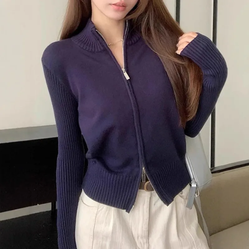 

Cool Spicy Double Zipper Stand Collar Knitted Long Sleeve Open Cardigan Women's Autumn Korean Fashion Short Base Shirt Slim Fit
