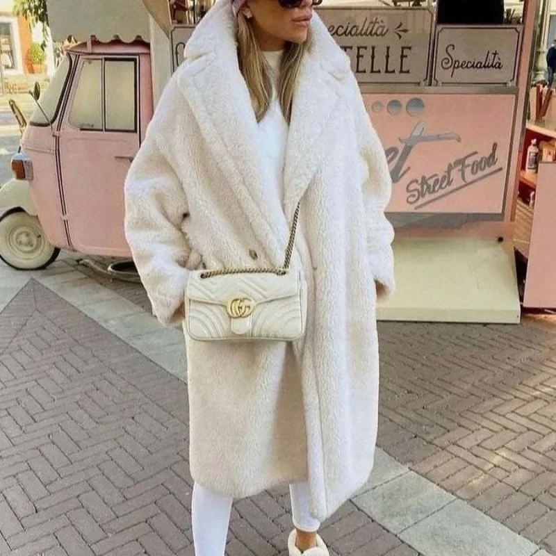 Coat Lamb Wool Long Sleeve Pockets Fur Jackets Trend Loose Faux Fur Coat Women\'s Overcoats Clothing Mid-Length Outwear Coats